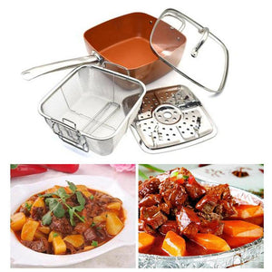 4PCS Ceramic Non-stick Pan Set With 10 Inch Deep Copper Square Fry Pan Glass Lid Fry Basket Steam Rack Kitchen Supplies