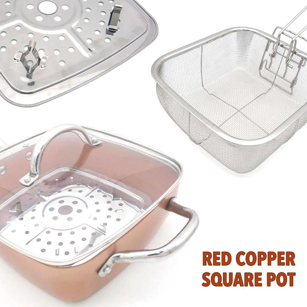 Red Copper Square Pot Set Non-stick Ceramic Frying Pan With Lid Steamer Soup Pot Kitchen Roasting Stewing Cookware