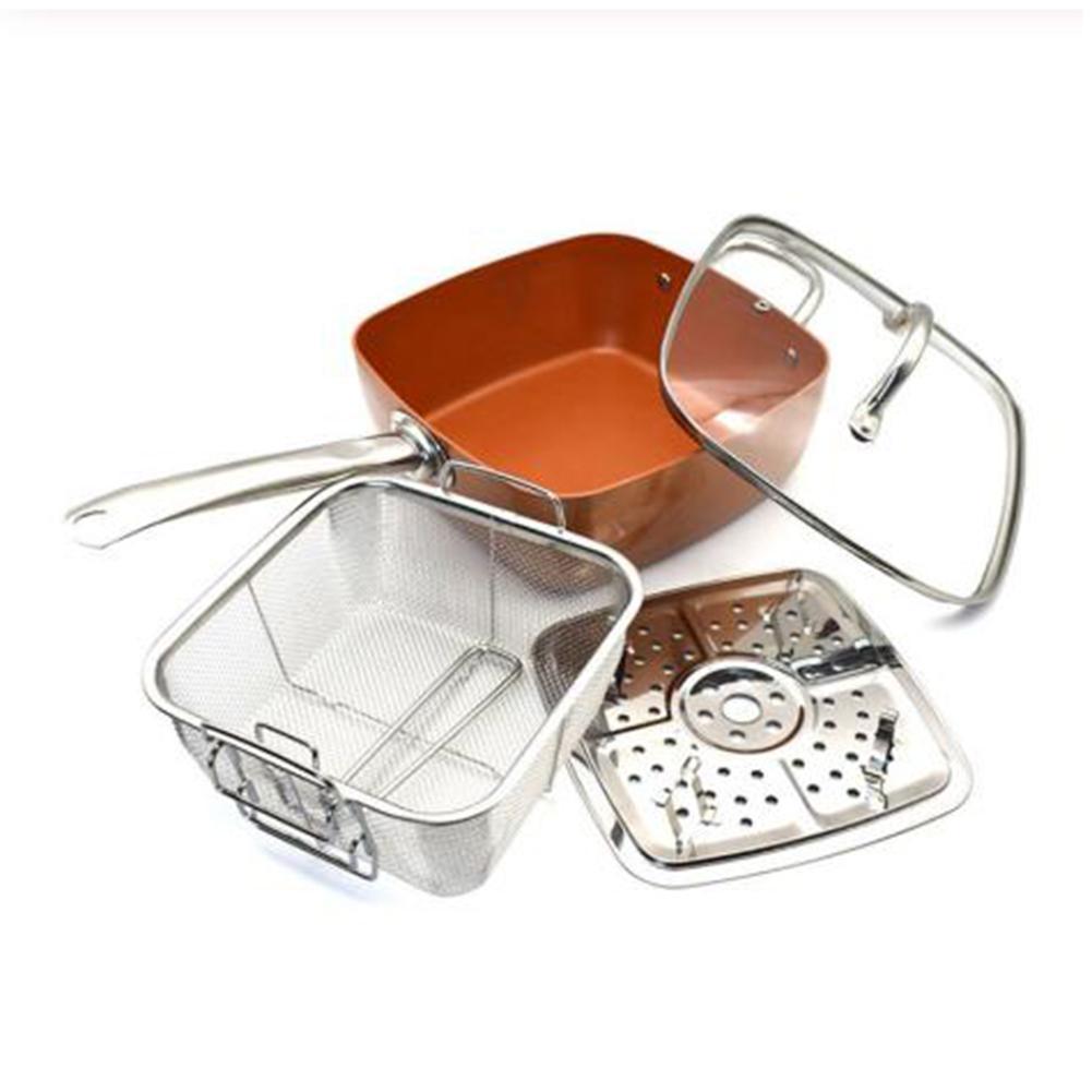 Red Copper Square Pot Set Non-stick Ceramic Frying Pan With Lid Steamer Soup Pot Kitchen Roasting Stewing Cookware