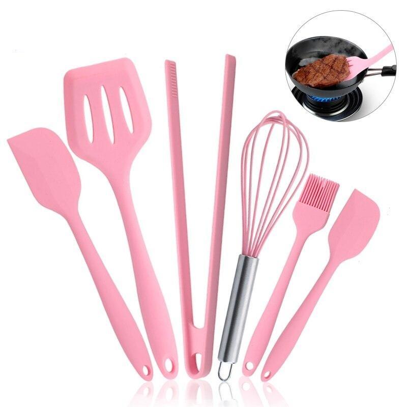 Silicone Cookware Set  Pink 6 Pieces Egg Beater Spoon Clip Spatula Oil Brush Kitchen Tools