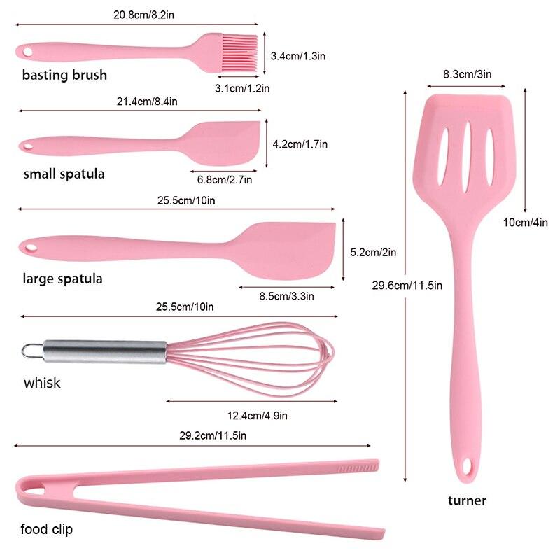 Silicone Cookware Set  Pink 6 Pieces Egg Beater Spoon Clip Spatula Oil Brush Kitchen Tools